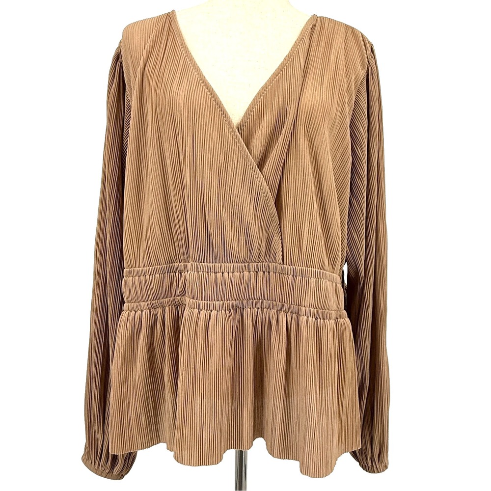 Eloquii Womens Babydoll Top 24 Tan Office Work Peasant Minimalist Pleated Peplum